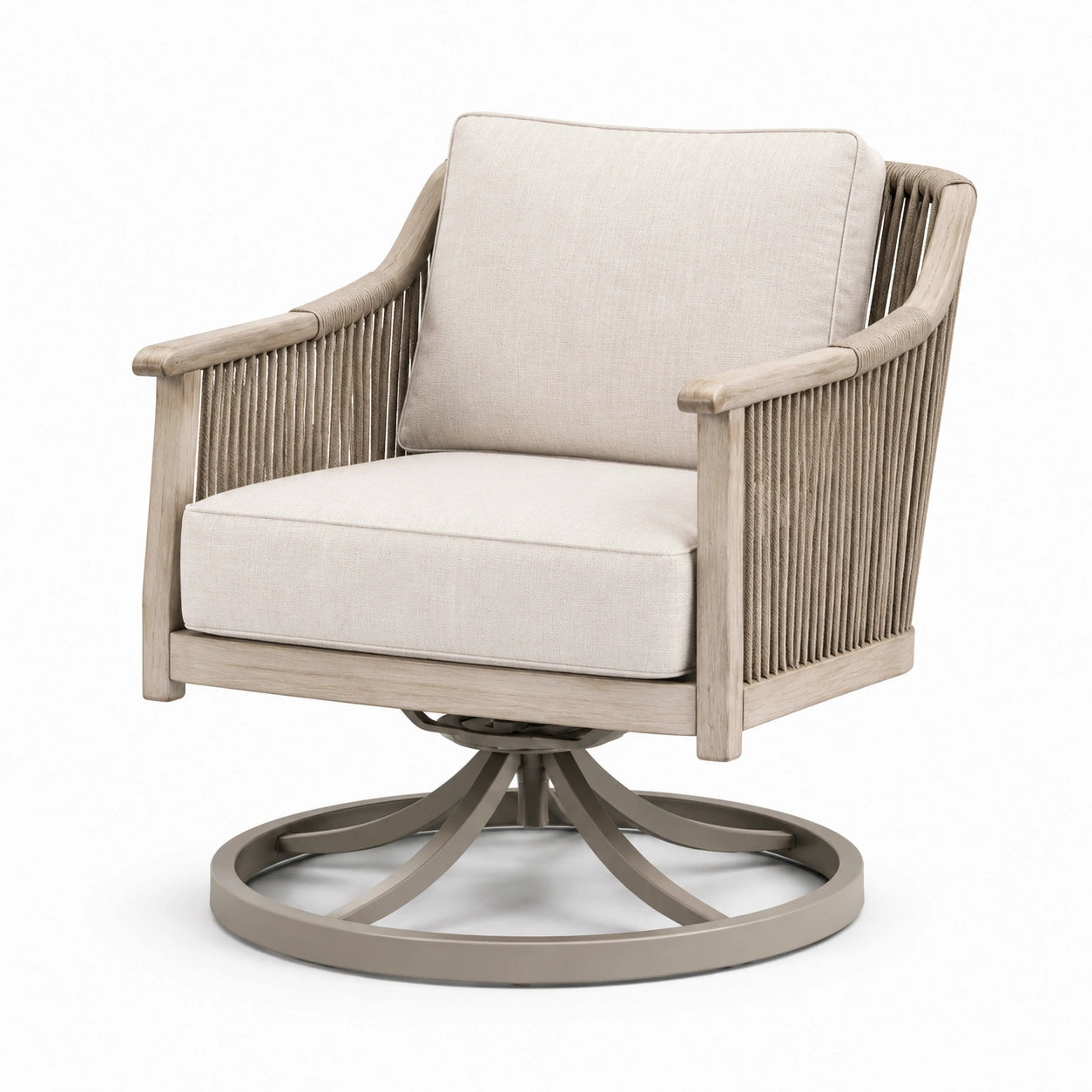 Fauteuil pivotant en métal et bois avec coussins en polyester beige