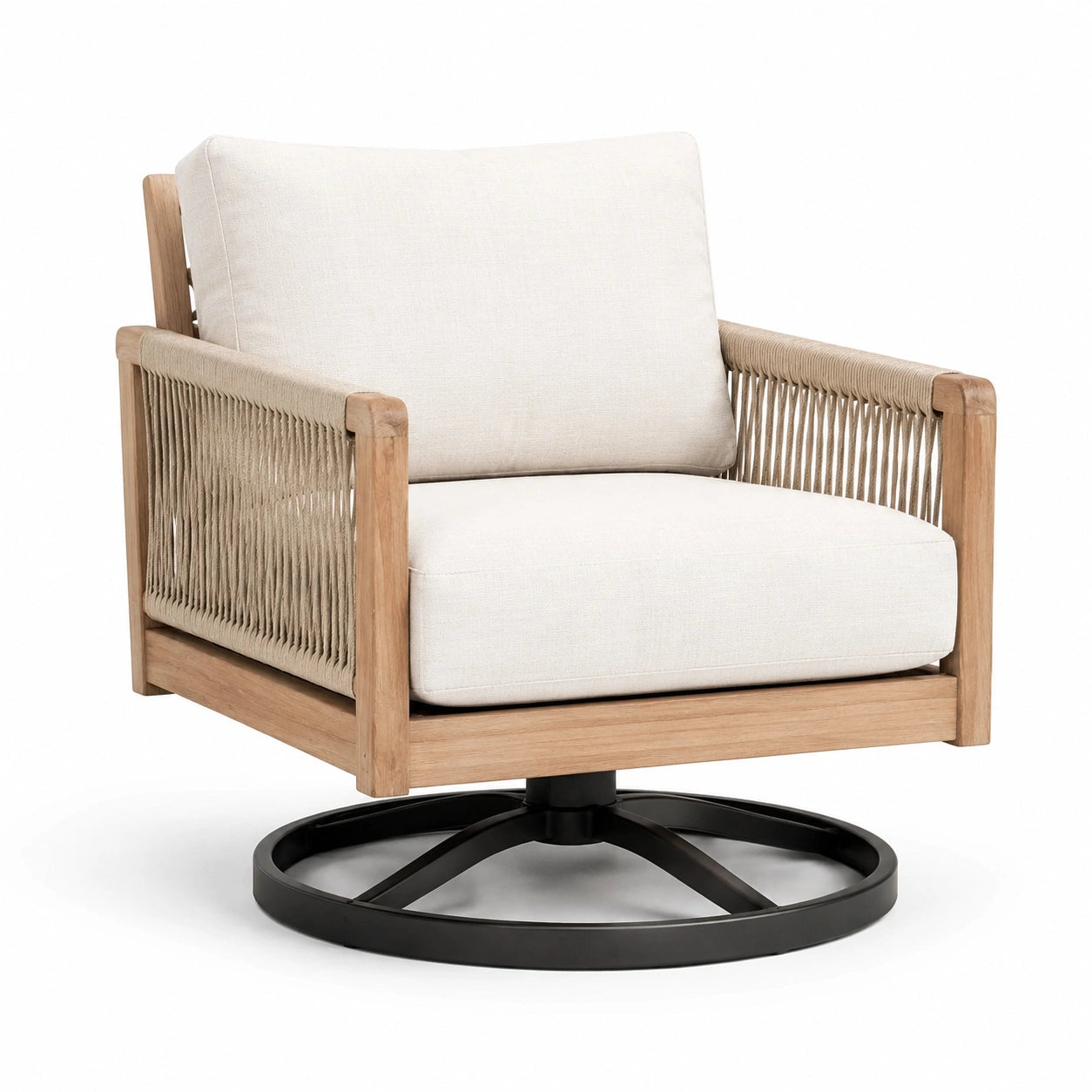 Fauteuil pivotant en bois et acier avec corde et coussins beige