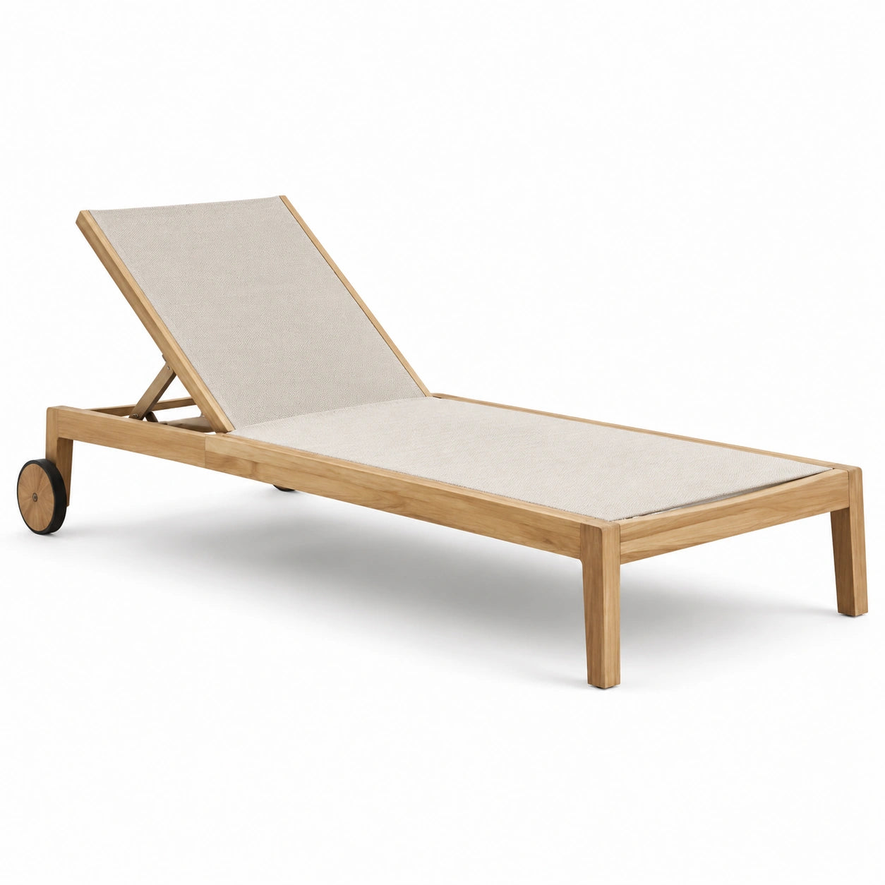 Bain de soleil en teck et tissu beige réglable 200x70x35 cm