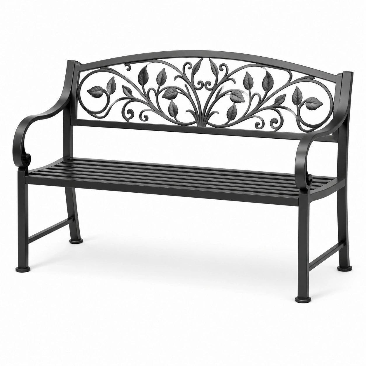 Banc en métal noir avec motif floral, 128 cm