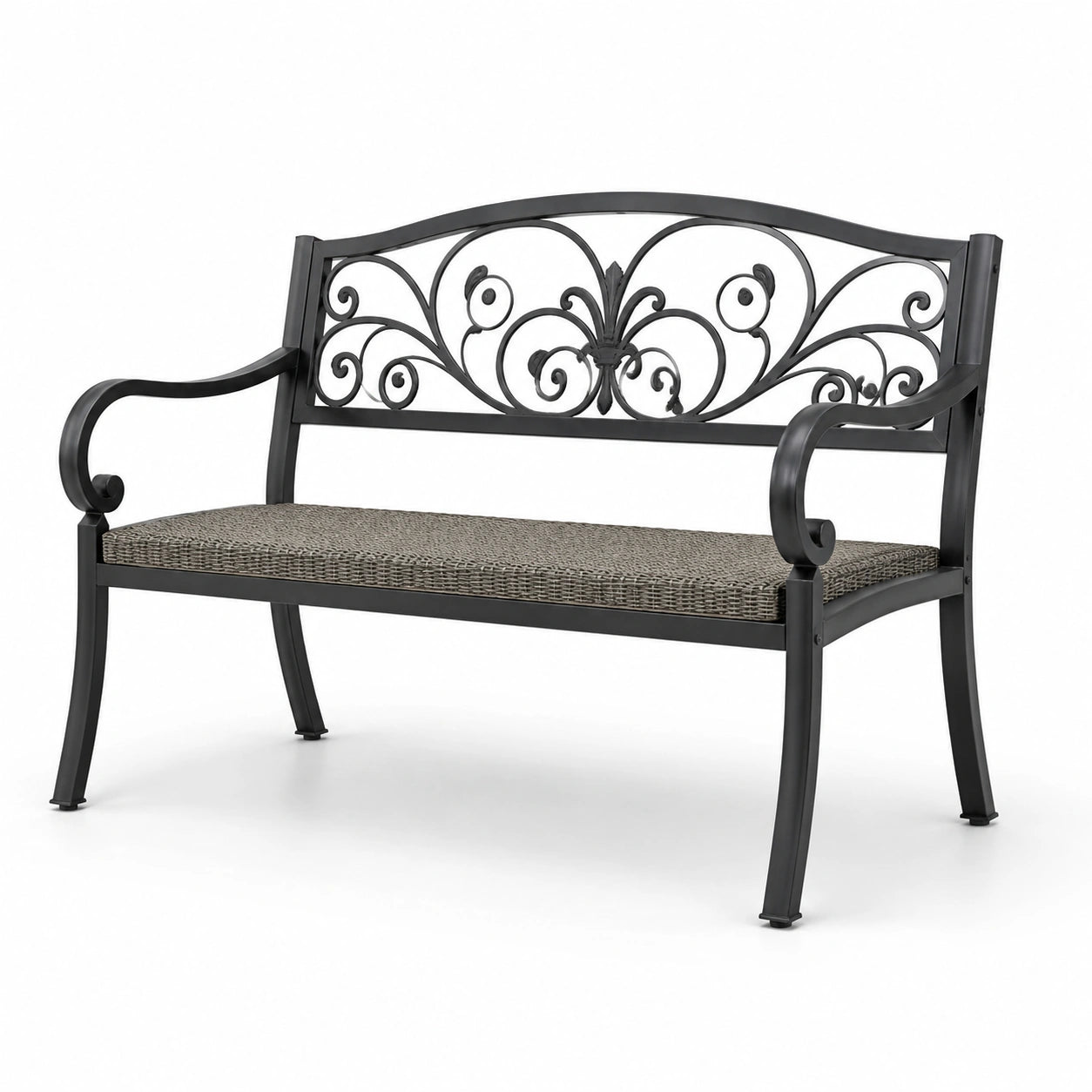 Banc de jardin en métal avec assise en rotin synthétique