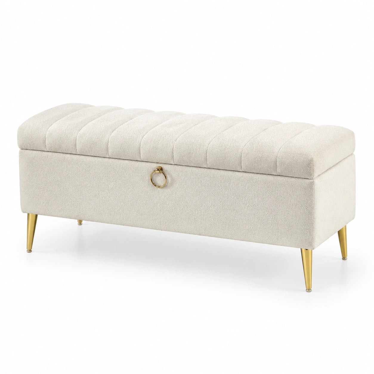 Banc de rangement en tissu avec pieds en métal doré 120x40x45 cm beige