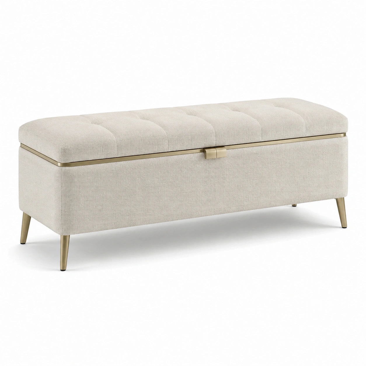 Banc de rangement en tissu lin avec pieds en métal beige