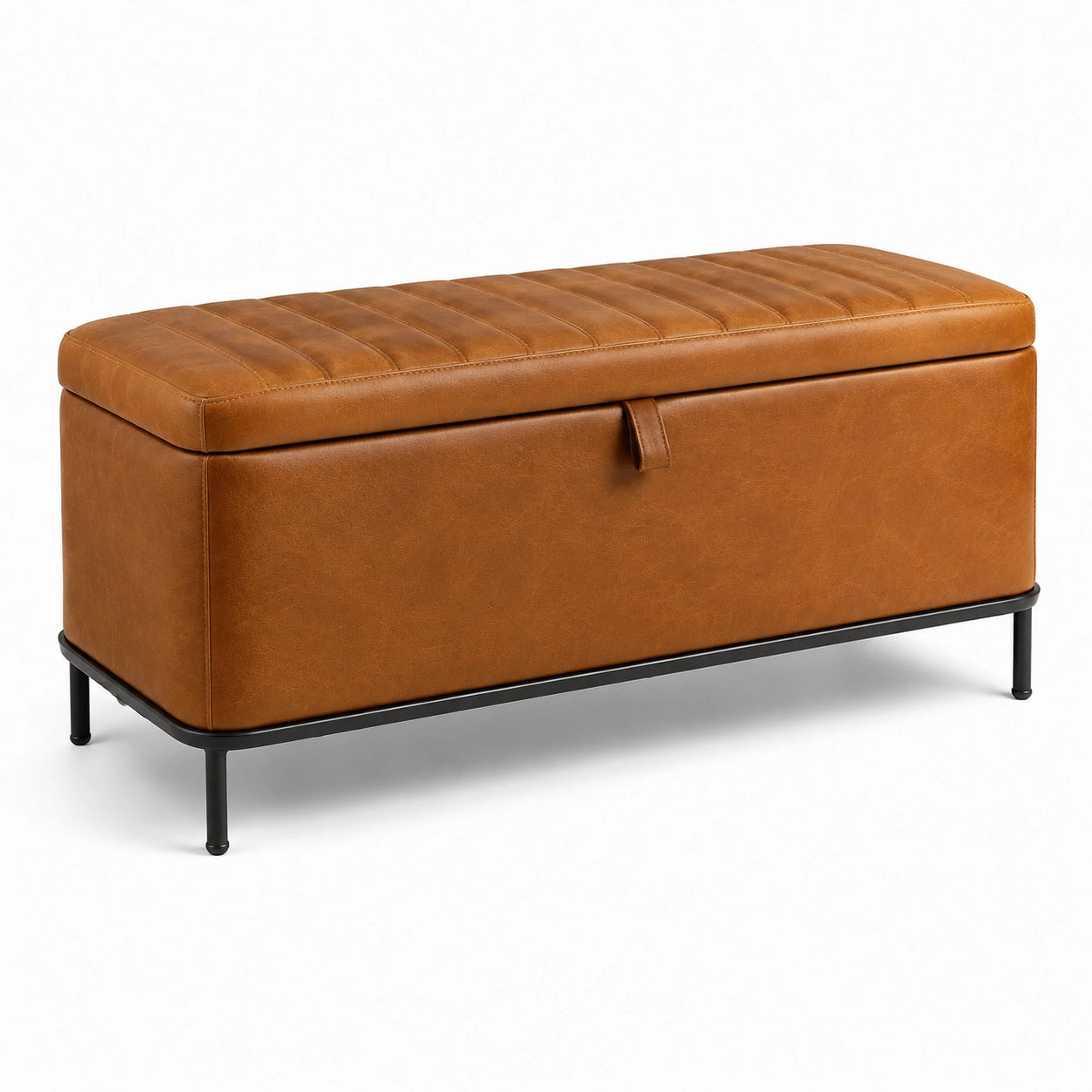 Banc de rangement en cuir synthétique marron avec cadre métallique