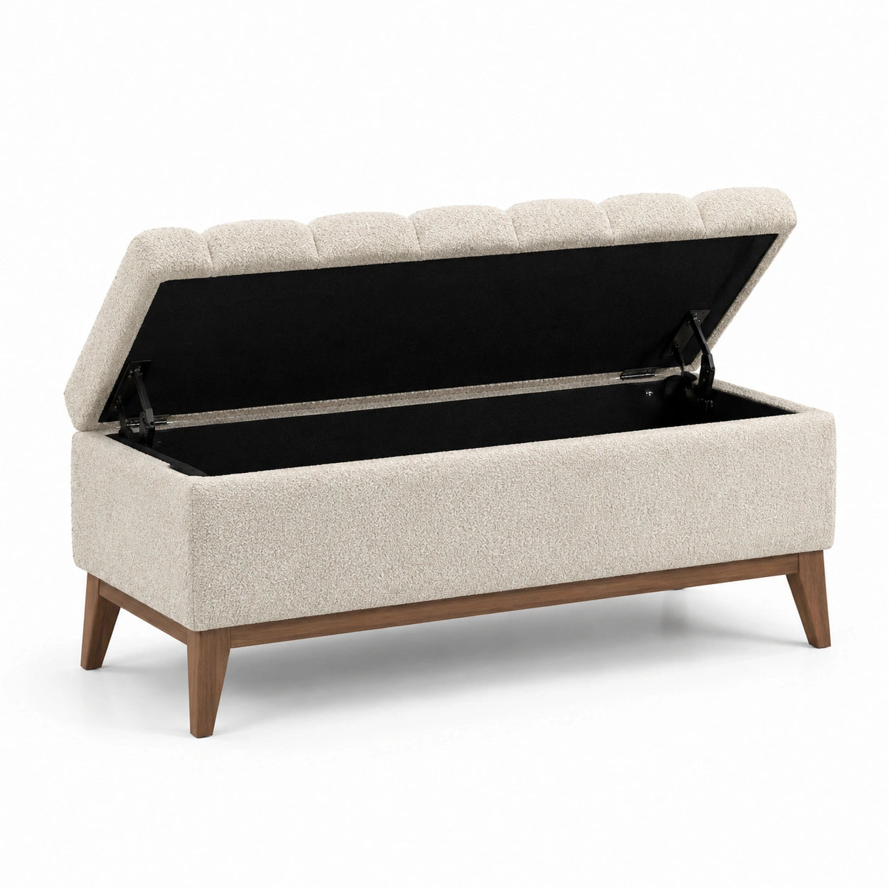 Banc de rangement en tissu bouclé beige avec pieds en bois