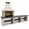 Barbecue en béton et pierre avec étagères intégrées, 306 cm x 60 cm x 160 cm, gris/beige