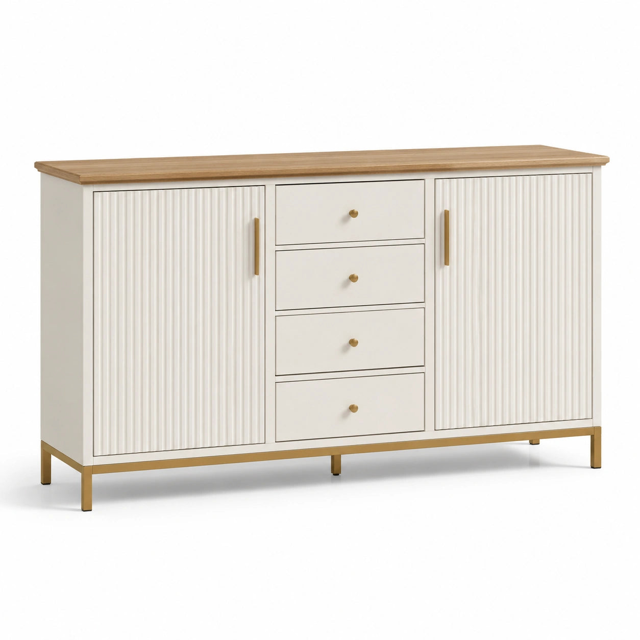 Buffet en bois et métal avec deux portes et quatre tiroirs blanc et chêne