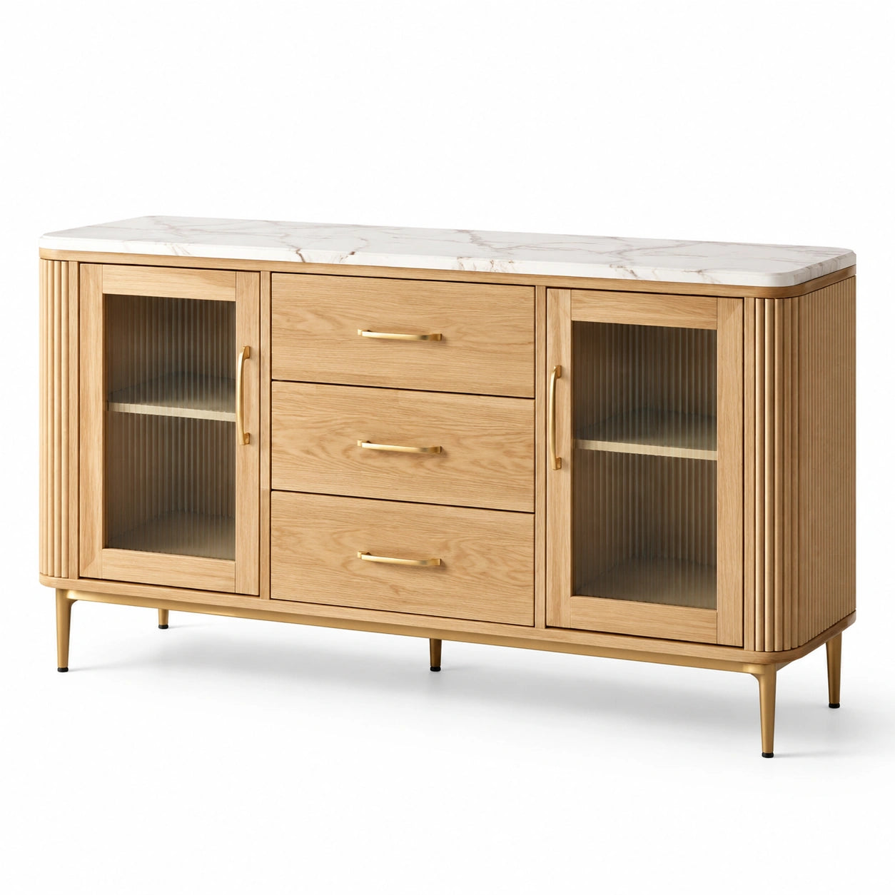 Buffet en bois de chêne avec dessus en marbre et portes en verre cannelé