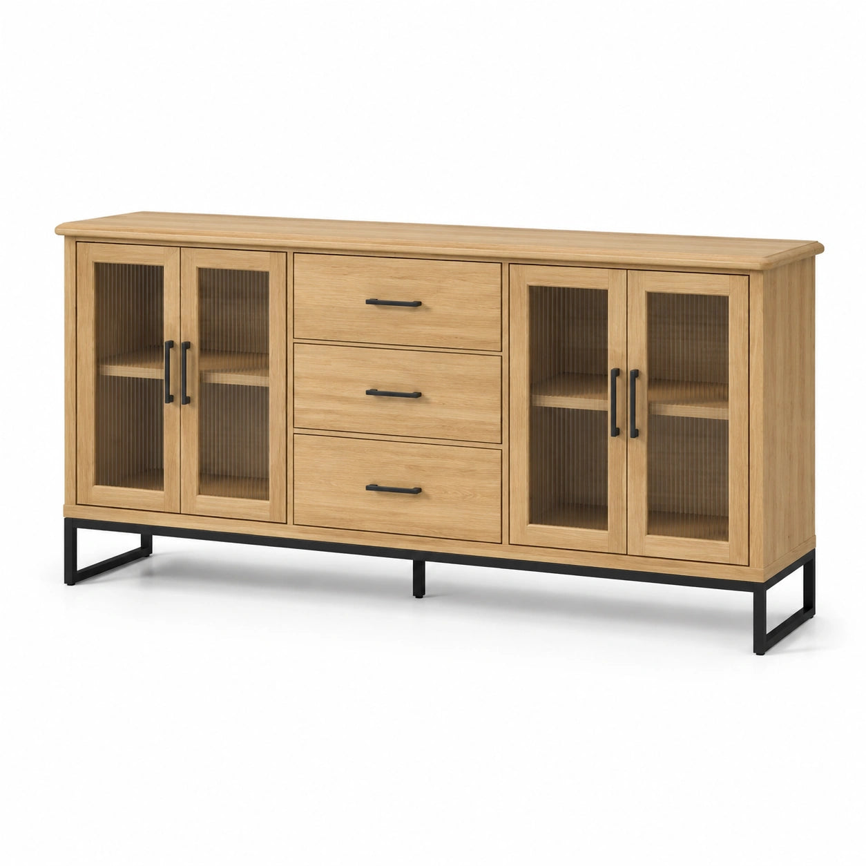 Buffet en bois de chêne et métal avec portes en verre strié 160 cm