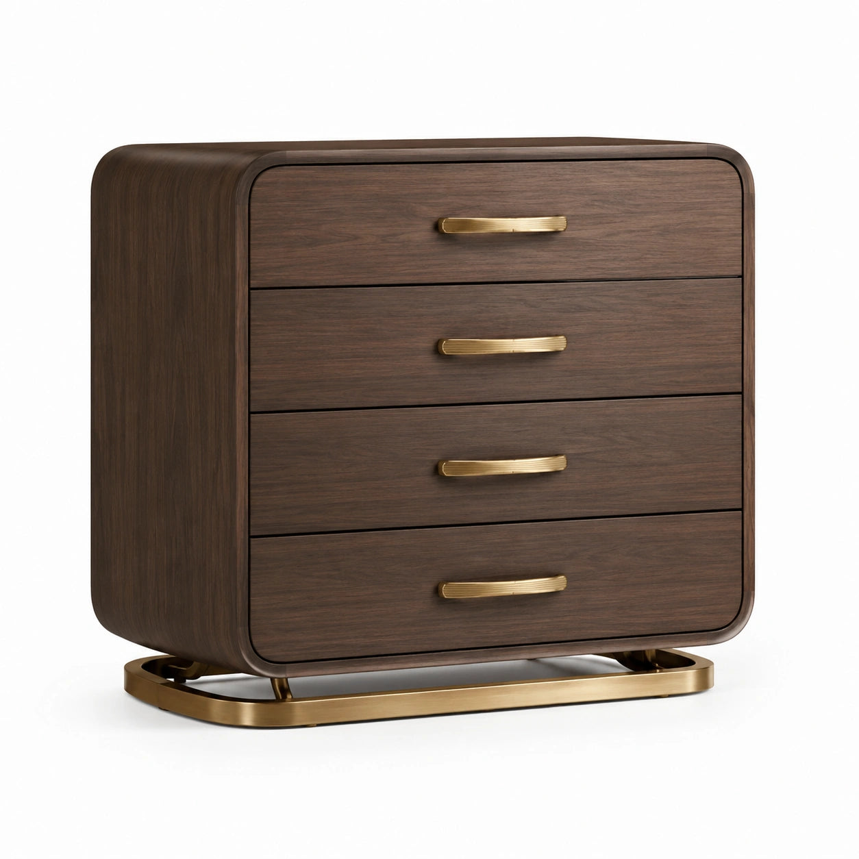 Commode en bois avec poignées en métal, 4 tiroirs, noyer et doré