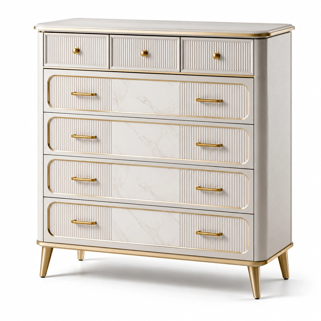 Commode en Bois MDF avec Poignées en Métal Doré 5 Tiroirs Blanc et Or