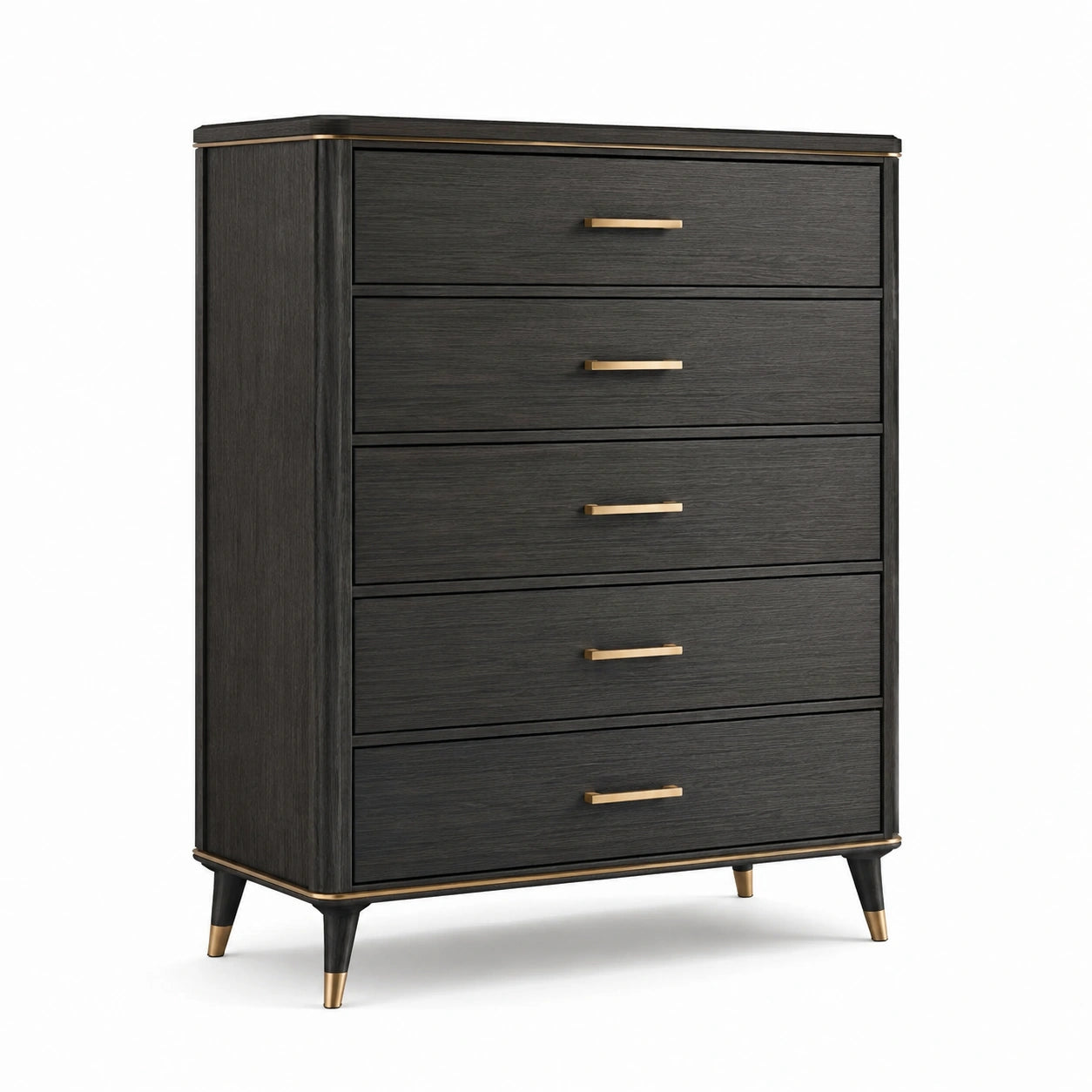 Commode en bois chêne noir avec poignées en acier inoxydable doré 5 tiroirs