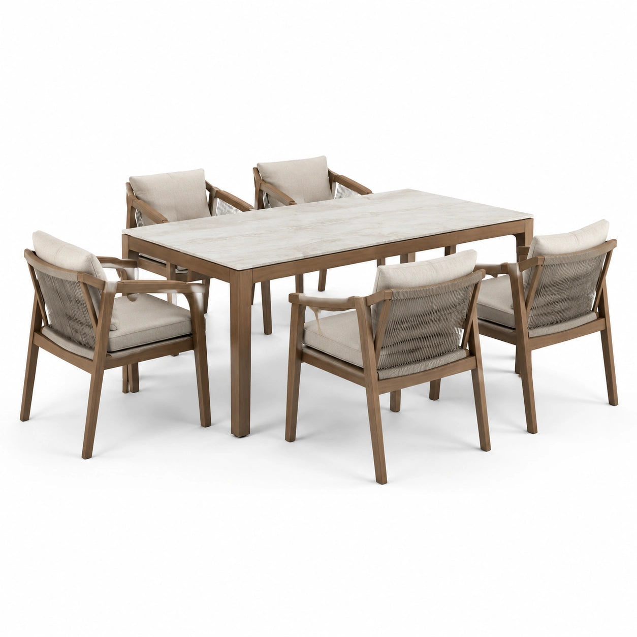 Ensemble de repas extérieur en bois d'acacia avec table et 6 chaises en corde polyester