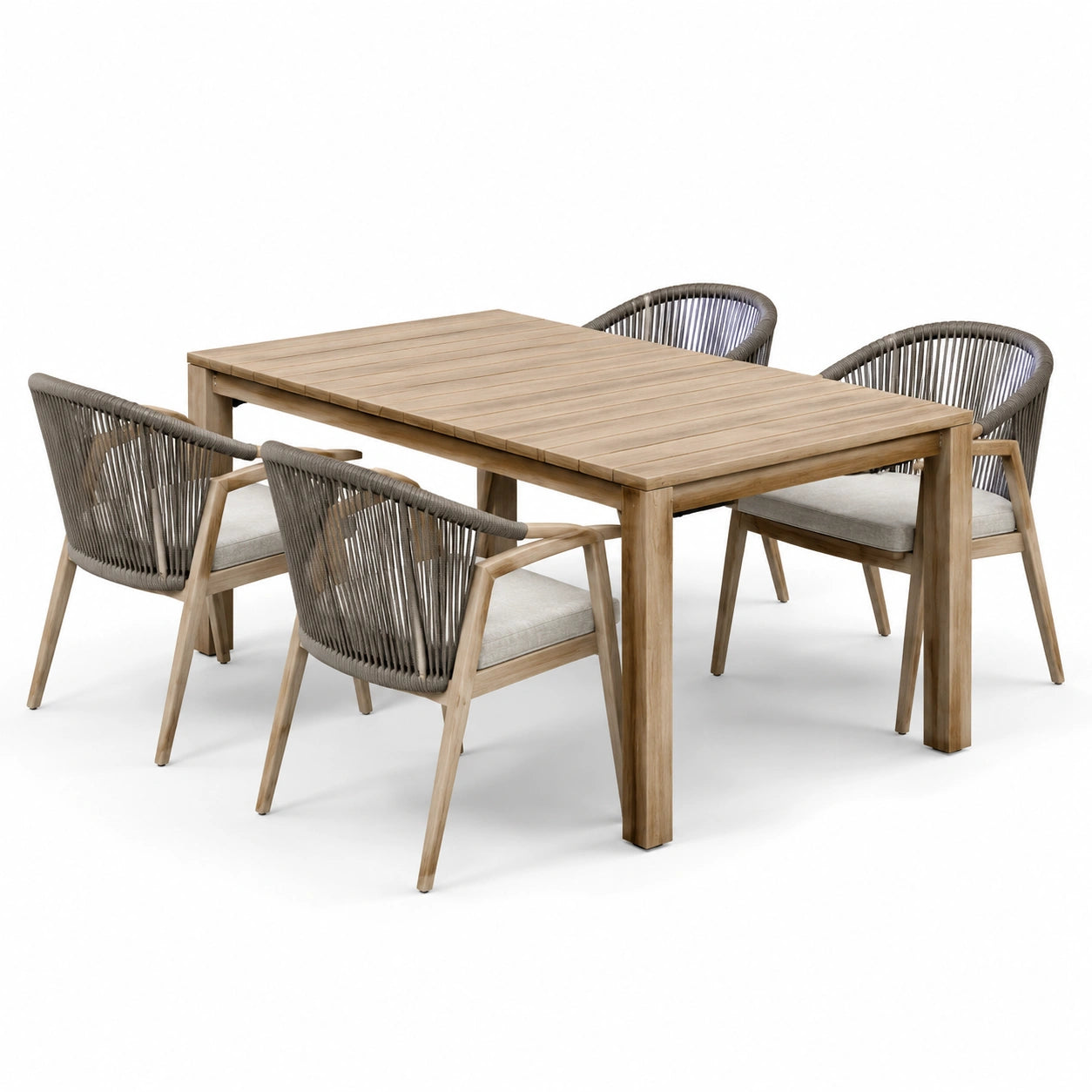 Ensemble de salle à manger en bois avec table et 4 chaises en corde marron