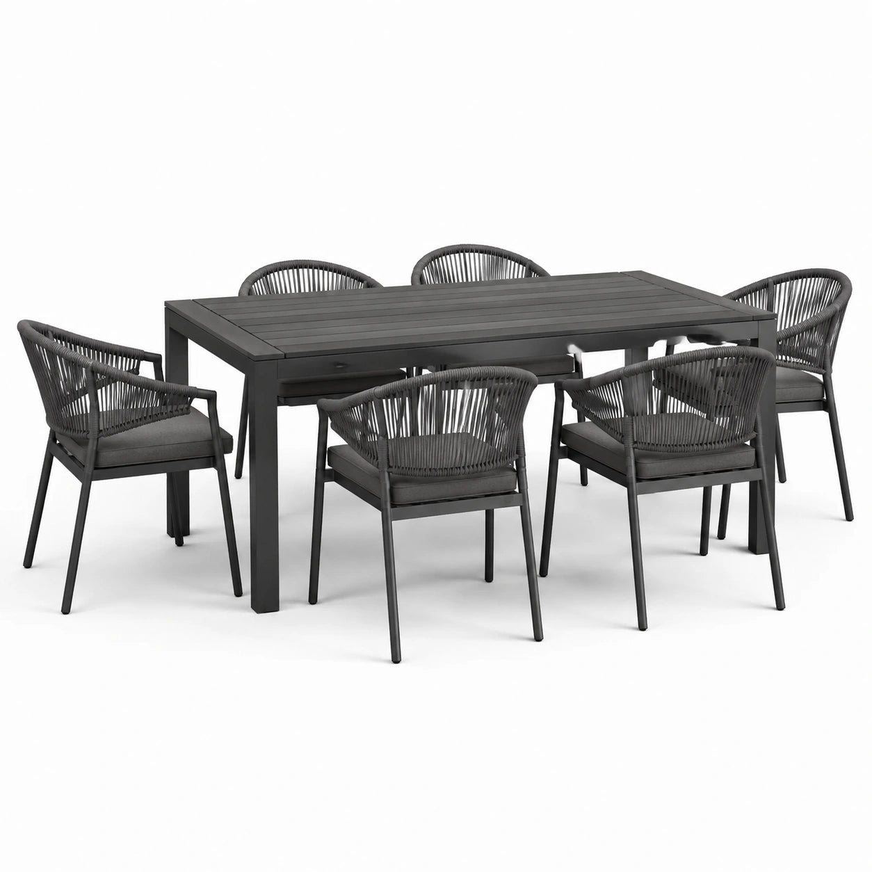 Ensemble de repas extérieur en aluminium avec 6 chaises en corde tressée, 180 cm, gris foncé