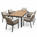Ensemble de jardin 6 chaises aluminium et corde, plateau en aluminium aspect bois naturel